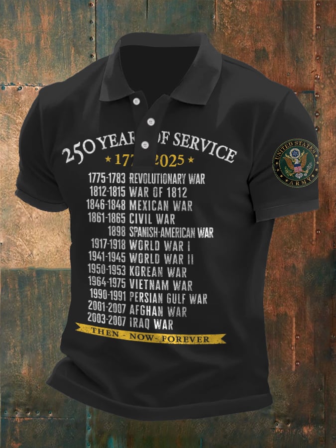 Vintage Men's United States Army 250 Years Of Service 1775-2025 Then - Now - Forever Printed Polo Shirt