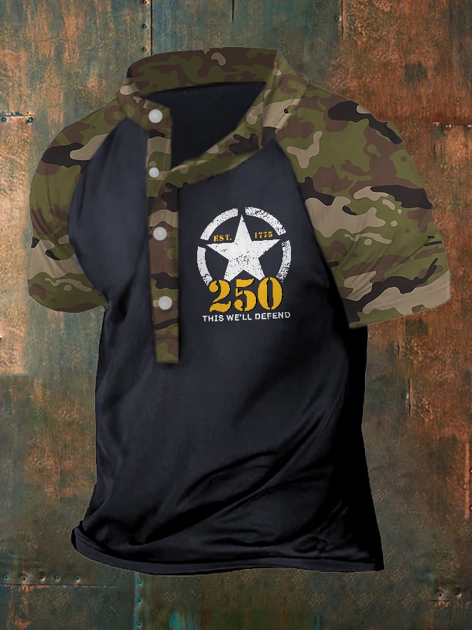 Man's Vintage Independence Day Camouflage United States Army 250th Anniversary This We'll Defend Est.1775 Printed Henley Shirt