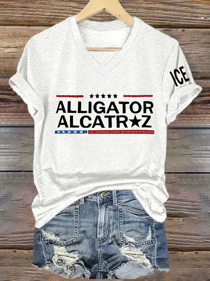Women's Casual Retro Alligator Alcatraz ICE Print T-Shirt