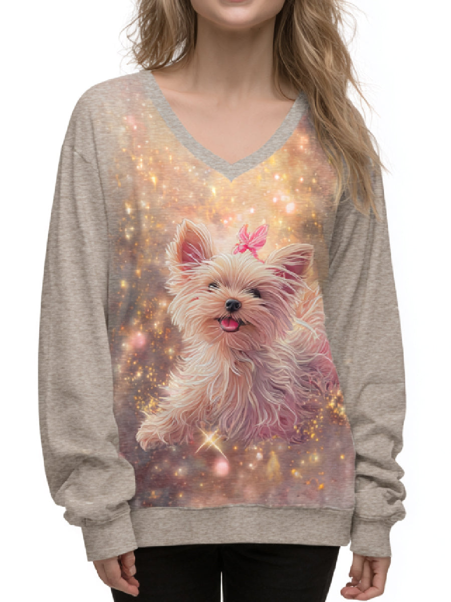 Pink Funny Dog Art Print Casual V-Neck Sweatshirt