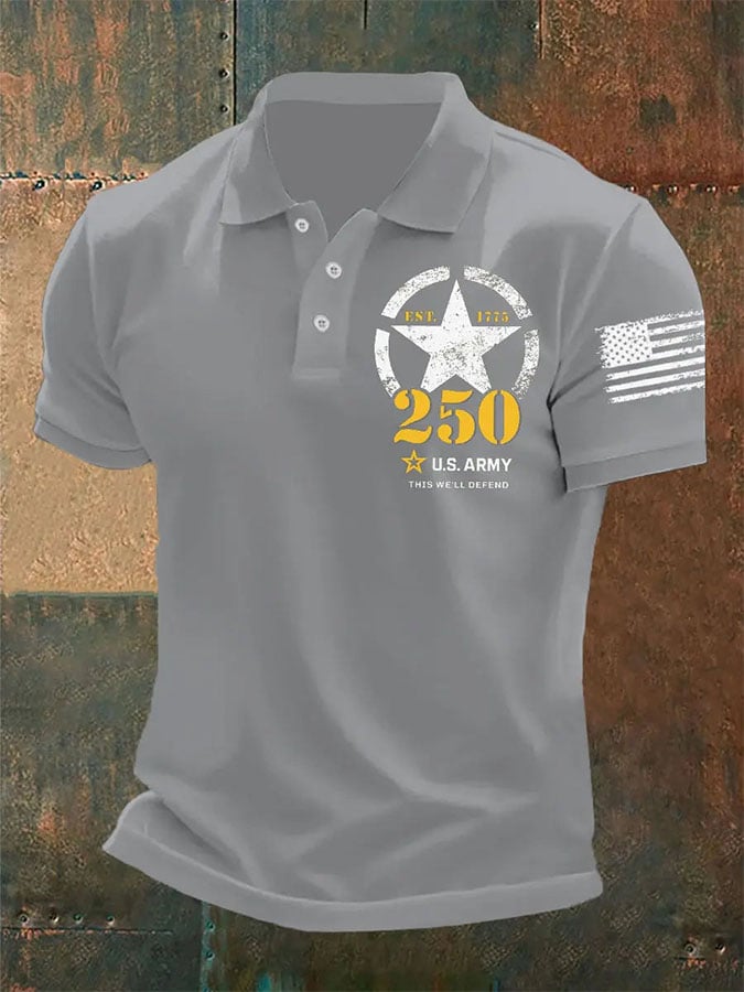 Man's Vintage National Flag U.S. Army 250th Anniversary This We'll Defend Est.1775 Printed Polo Shirt