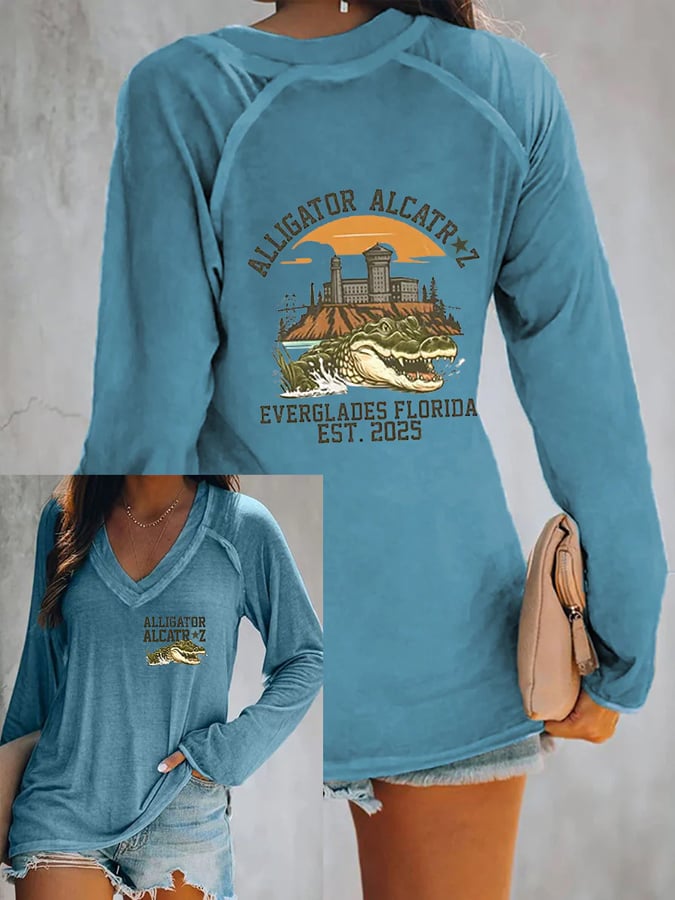 Women's Alligator Alcatraz Print V-Neck T-Shirt