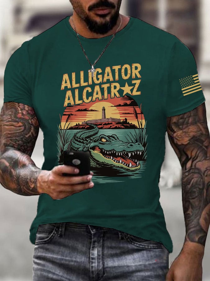Men's Alligator Alcatraz Print Casual T-Shirt
