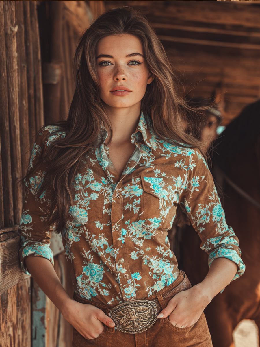 Vintage Western Art Floral Print Casual Shirt