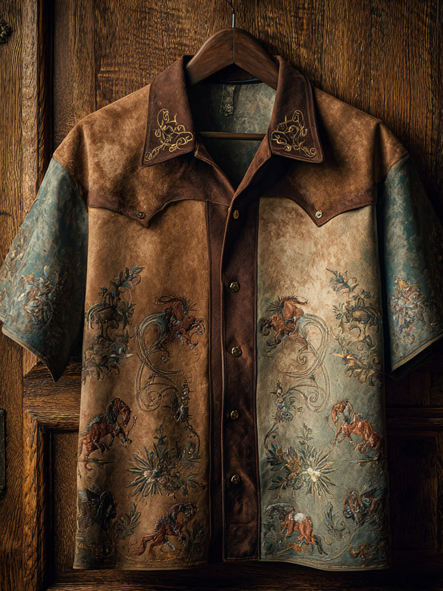 Vintage Western Art Floral Print Casual Shirt