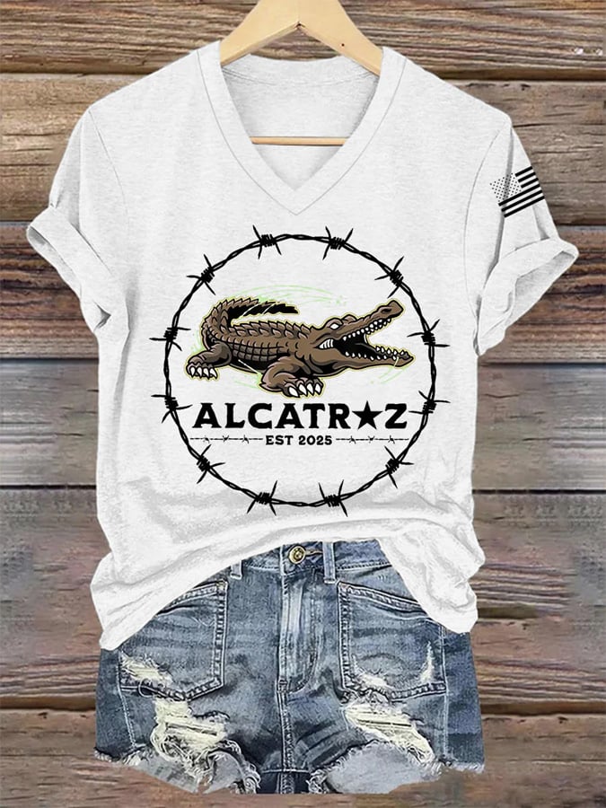 Women's Retro Alligator Alcatraz Funny Florida Everglades Dark Humor Printed Short-Sleeved T-Shirt