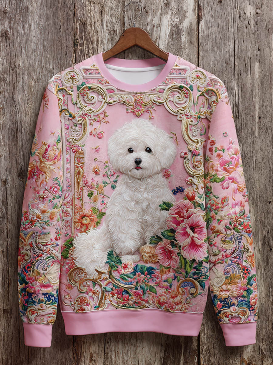 Pink October Dog Floral Art Graphic Print Casual Sweatshirt