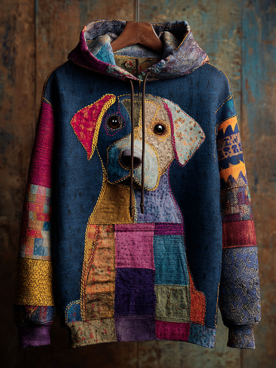 Vintage Patchwork Dog Print Art Casual Hoodie
