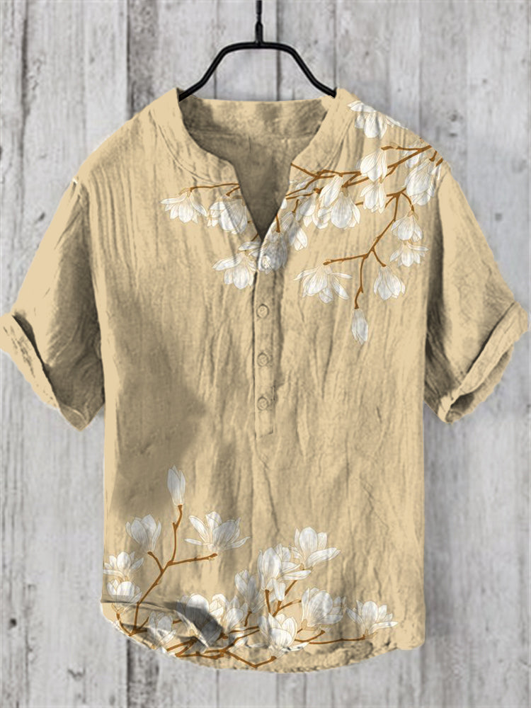 Men's Vintage Japanese Art Magnolia Flower V Neck Casual Linen Blend Shirt