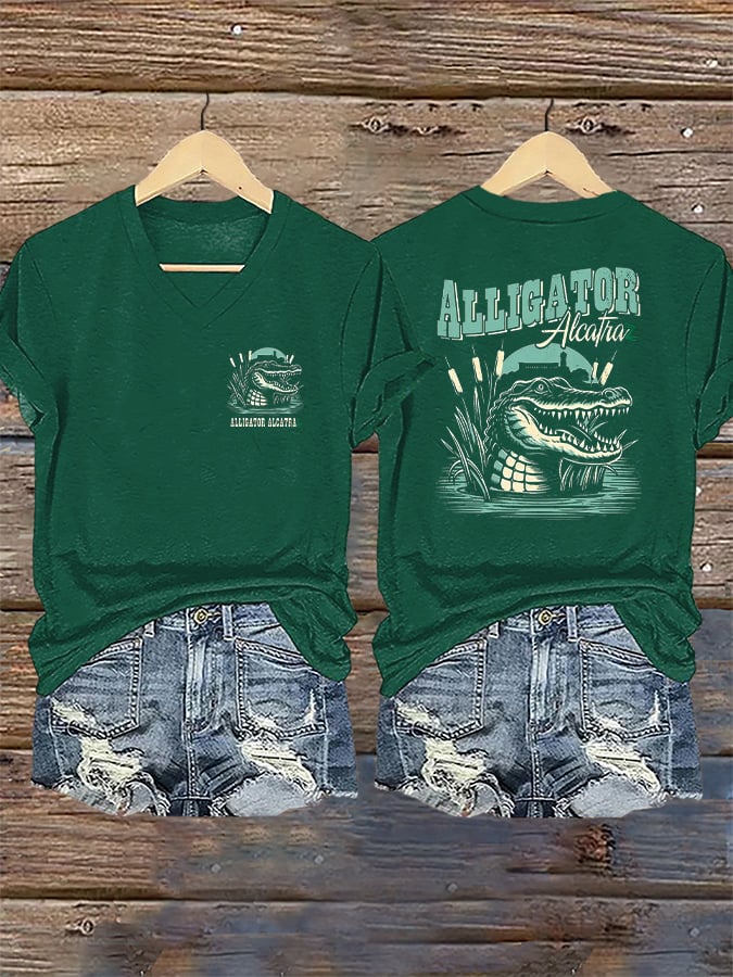 Women's Casual Retro Alligator Alcatraz Print T-Shirt