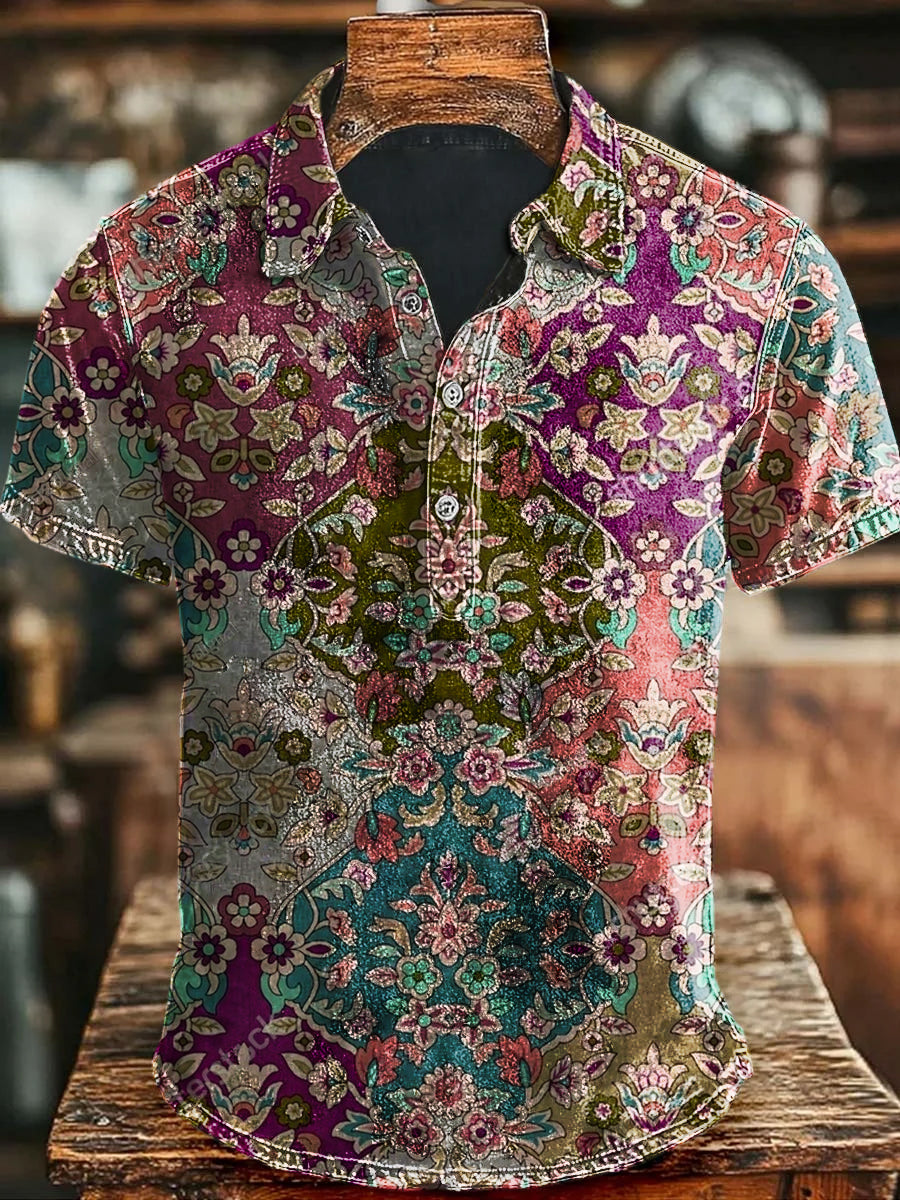 Unisex Vintage Gradient Ethnic Floral Print Casual Polo Shirt