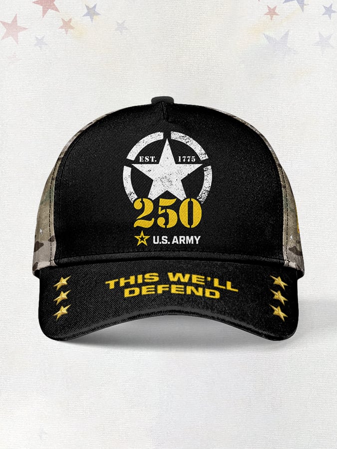 Vintage U.S. Army 250th Anniversary This We'll Defend Est.1775 Flag Camouflage Print Baseball Cap
