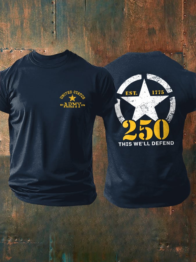 Retro Man's Vintage Independence Day United States Army 250th Anniversary This We'll Defend Print T-Shirt