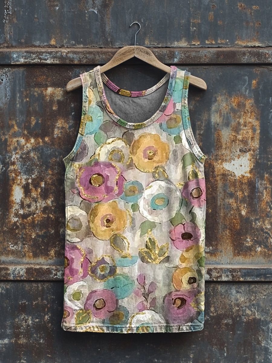 Unisex Abstract Floral Illustration Print Crew Neck Casual Tank Top