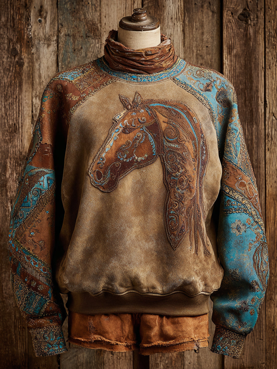 Retro Western Art HorseFloral Print Casual Sweatshirt