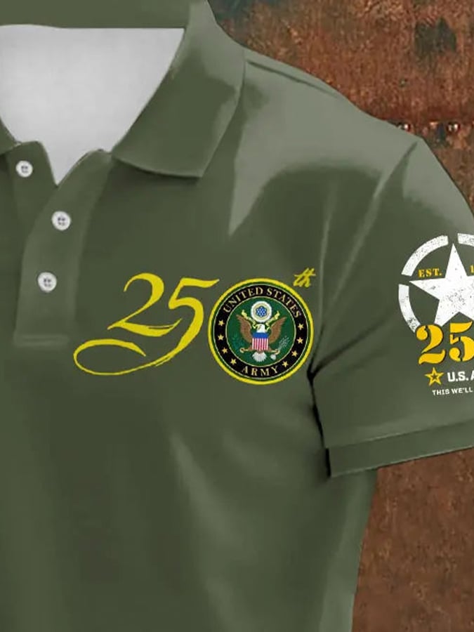 Man's Vintage U.S. Army 250th Anniversary This We'll Defend Est.1775 Printed Polo Shirt