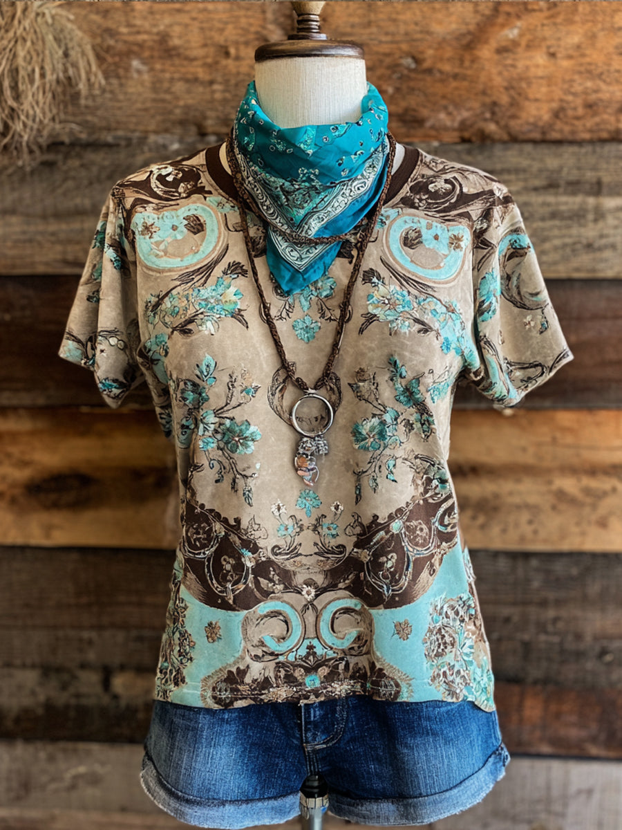 Retro Western Art Illustration Print Casual Short Sleeve T-Shirt