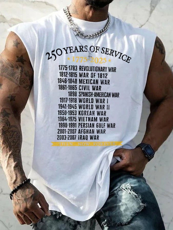 Retro Men's United States Army 250 Years Of Service 1775-2025 Then - Now - Forever Print Tops Tank