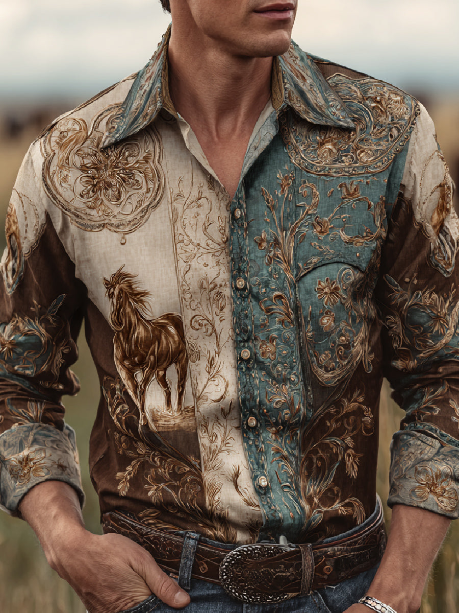 Western Vintage Horse Art Print Casual Long Sleeve Shirt
