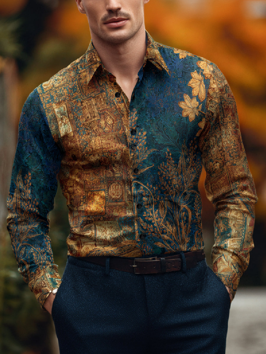 Autumn Maple Leaf Art Print Casual Long Sleeve Button-Down Shirt