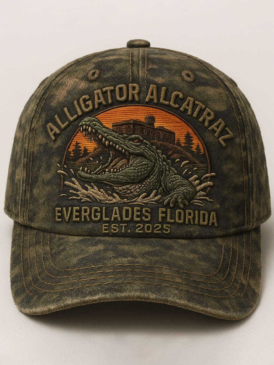 Vintage Alligator Alcatraz Fun Florida Everglades Art Casual Print Hat