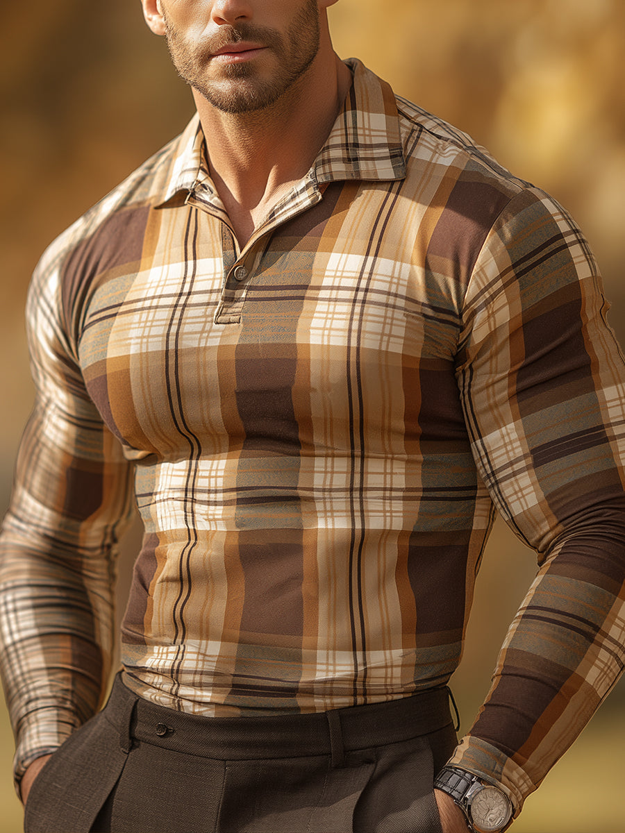 Autumn Plaid Art Casual Long Sleeve Polo Shirt