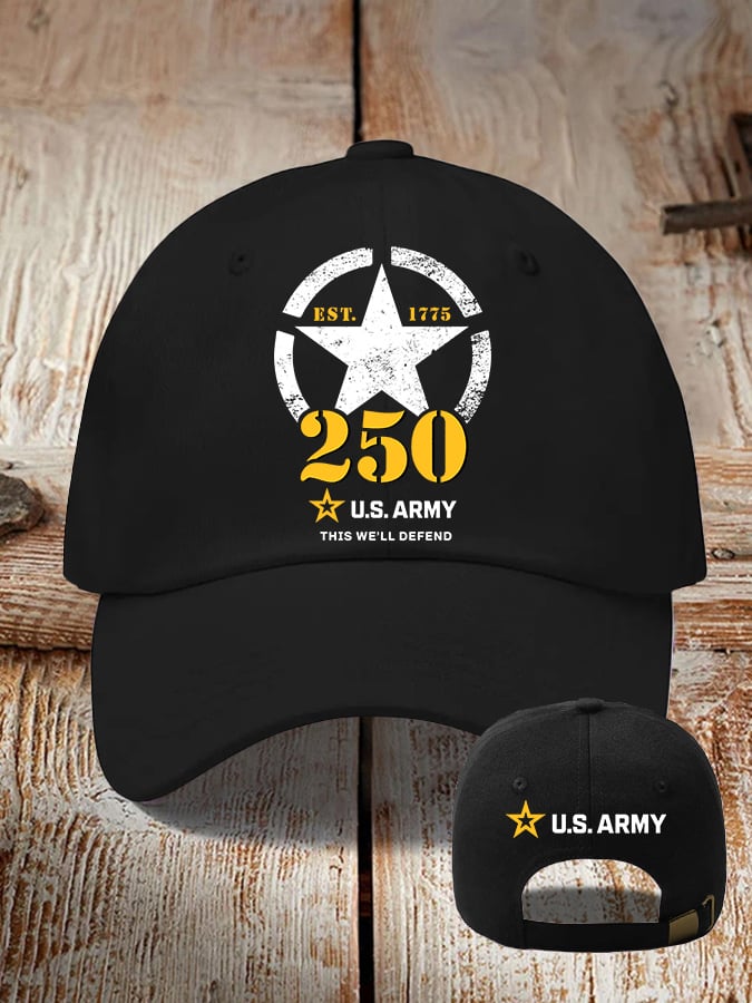 Retro U.S. Army 250th Anniversary This We'll Defend Est.1775 Print Baseball Cap