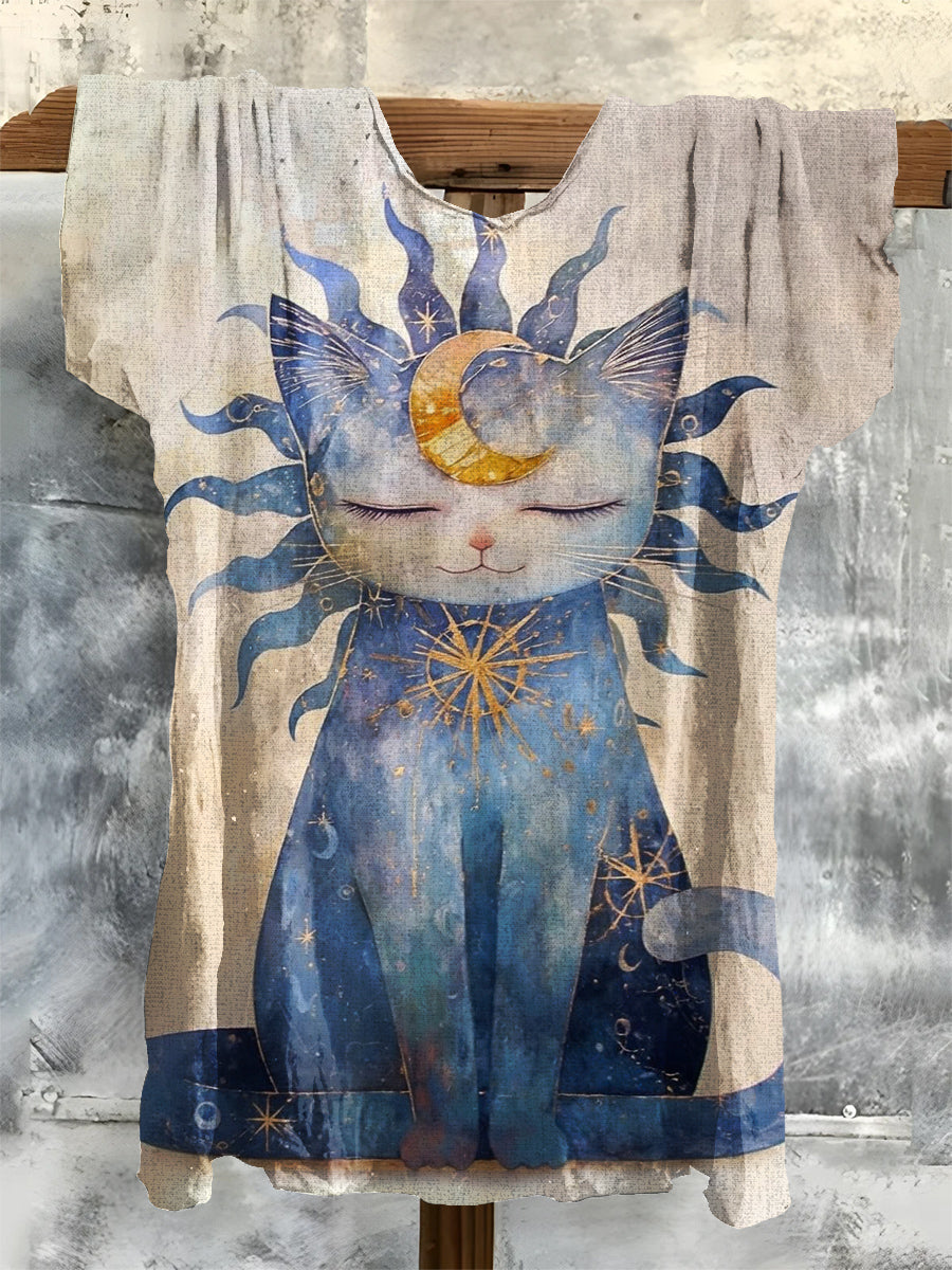 Cat Art Print Casual Crew Neck T-Shirt
