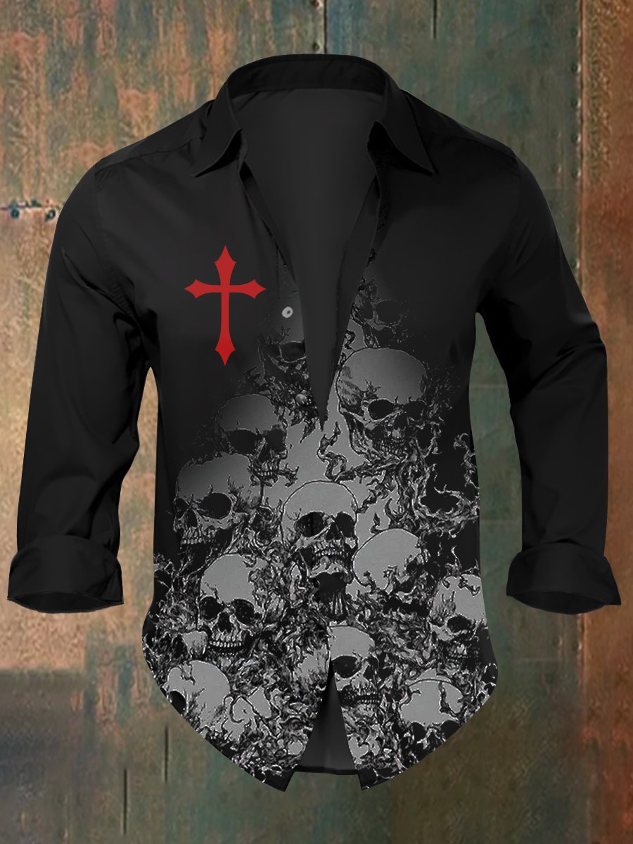 Men's Retro Skull Print Casual Long Sleeve Shirt