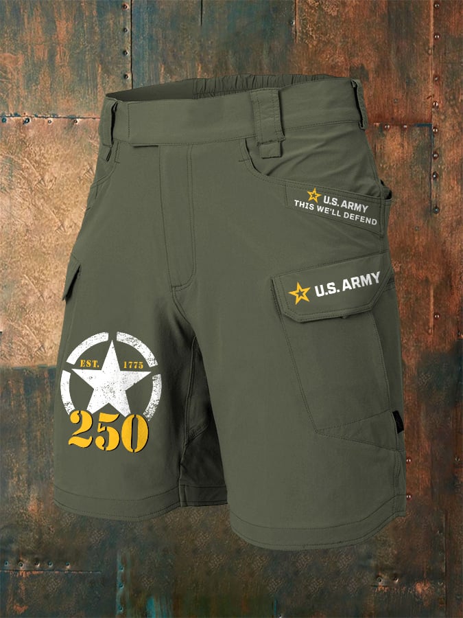Man's Vintage U.S. Army 250th Anniversary This We'll Defend Est.1775 Print Cargo Shorts