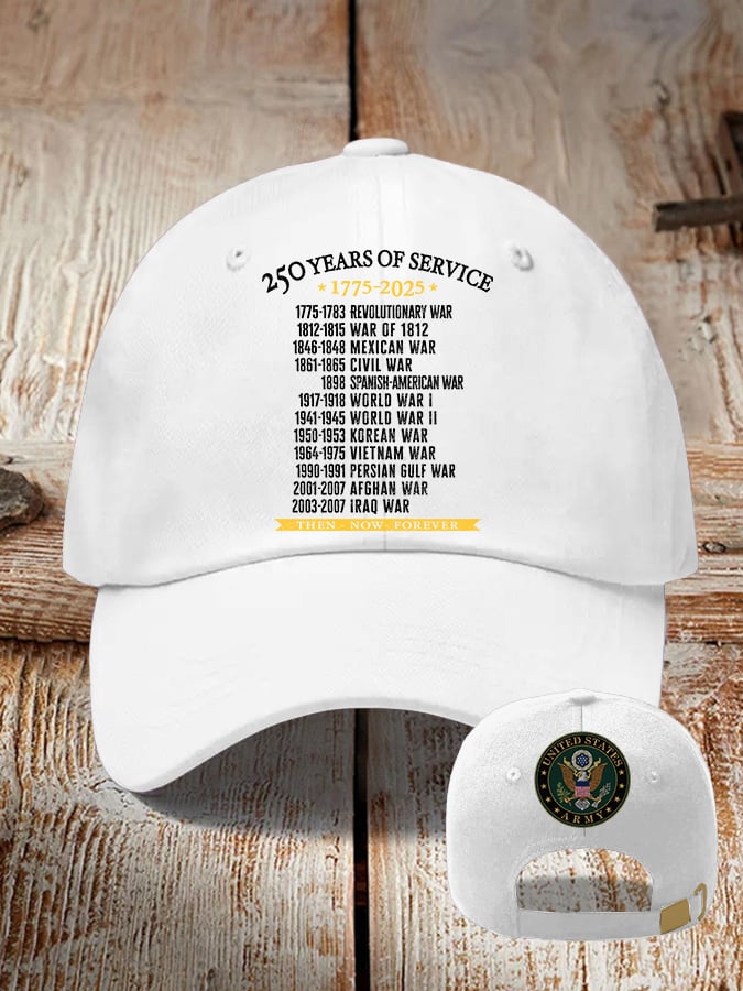 Retro Men's United States Army 250 Years Of Service 1775-2025 Then - Now - Forever Print Baseball Cap