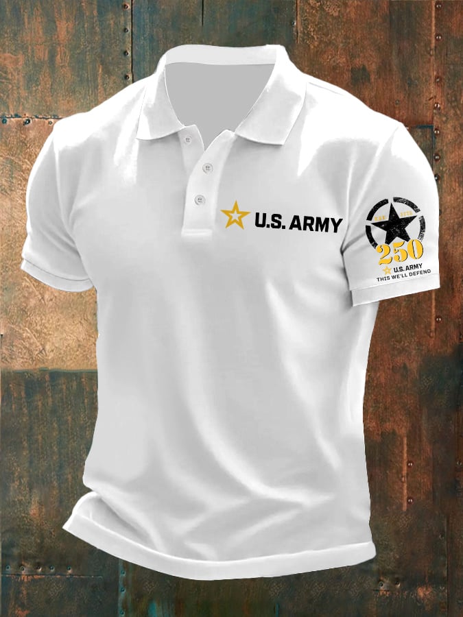 Man's Vintage U.S. Army 250th Anniversary This We'll Defend Est.1775 Printed Polo Shirt
