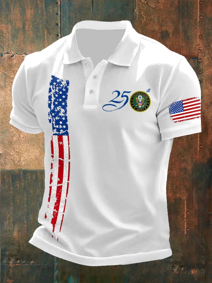 Man's Vintage Independence Day Flag United States Army 250th Anniversary Printed Polo Shirt