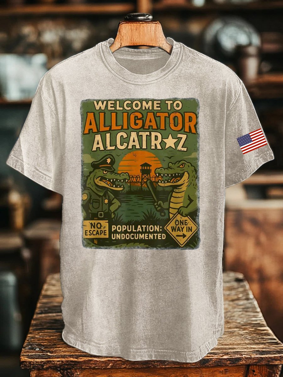 Unisex Casual Alcatraz Crocodile Print Washed Cotton T-Shirt