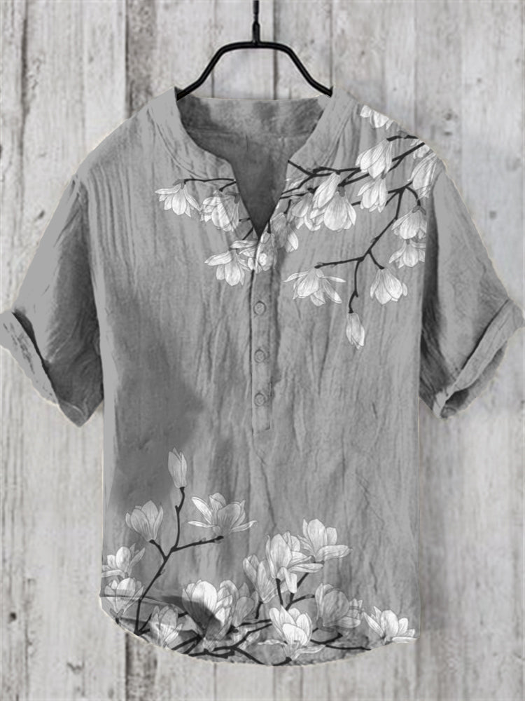 Men's Vintage Japanese Art Magnolia Flower V Neck Casual Linen Blend Shirt