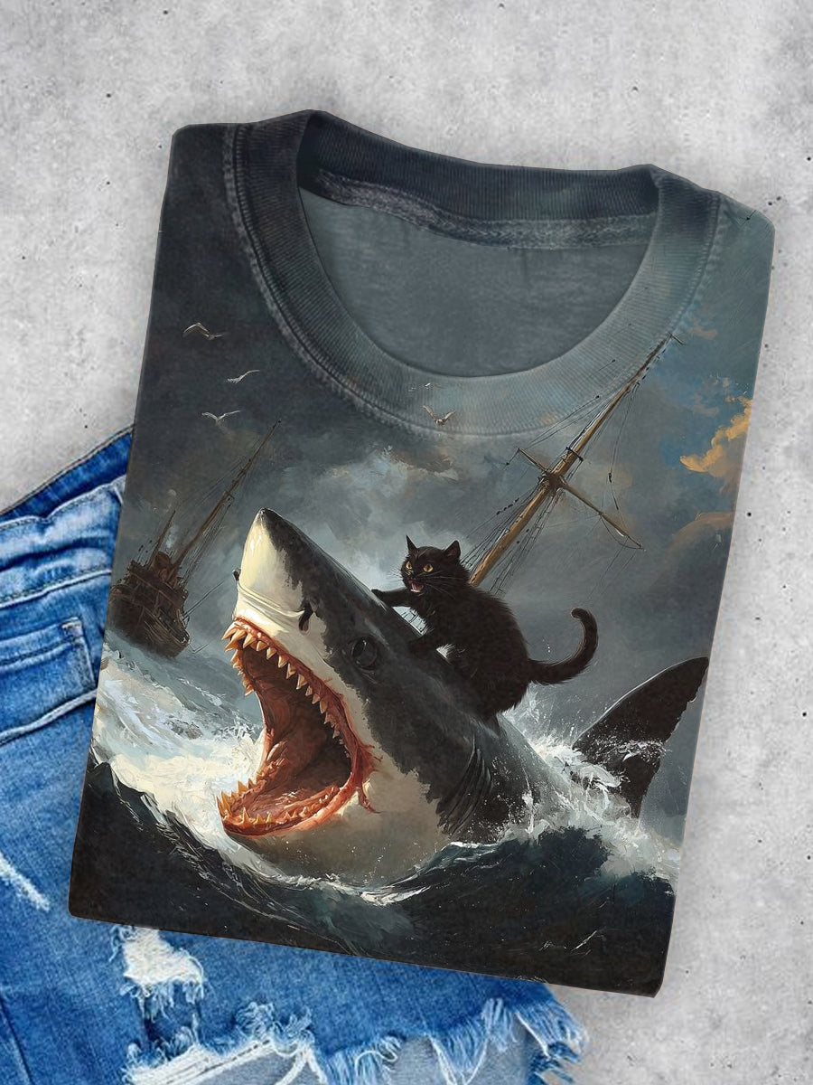 Unisex Shark And Cat Art Illustration Print Crew Neck Casual T-shirt