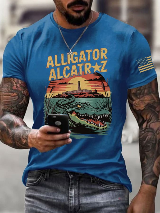 Men's Alligator Alcatraz Print Casual T-Shirt