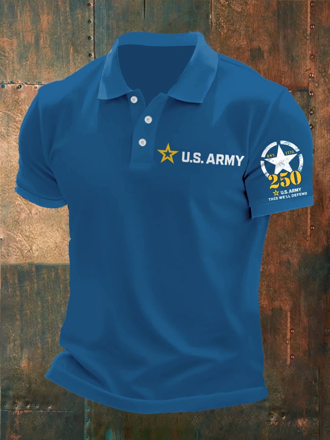 Man's Vintage U.S. Army 250th Anniversary This We'll Defend Est.1775 Printed Polo Shirt