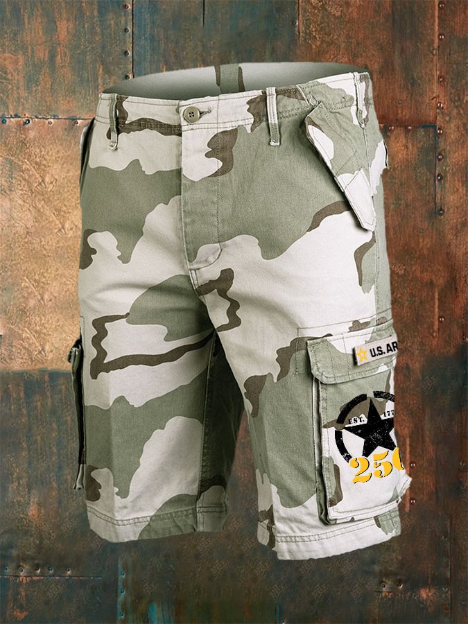 Vintage U.S. Army 250th Anniversary This We'll Defend Est.1775 Camouflage Print Cargo Shorts