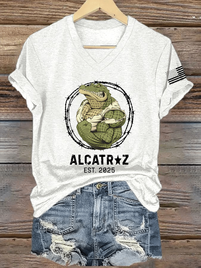 Women's Alligator Alcatraz Print V-Neck T-Shirt