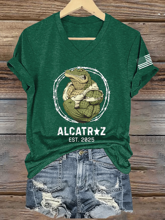 Women's Alligator Alcatraz Print V-Neck T-Shirt