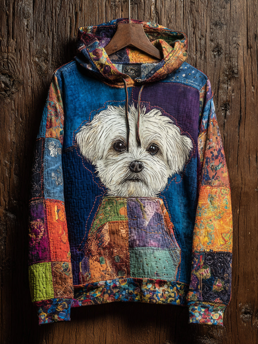 Vintage Patchwork Dog Print Art Casual Hoodie