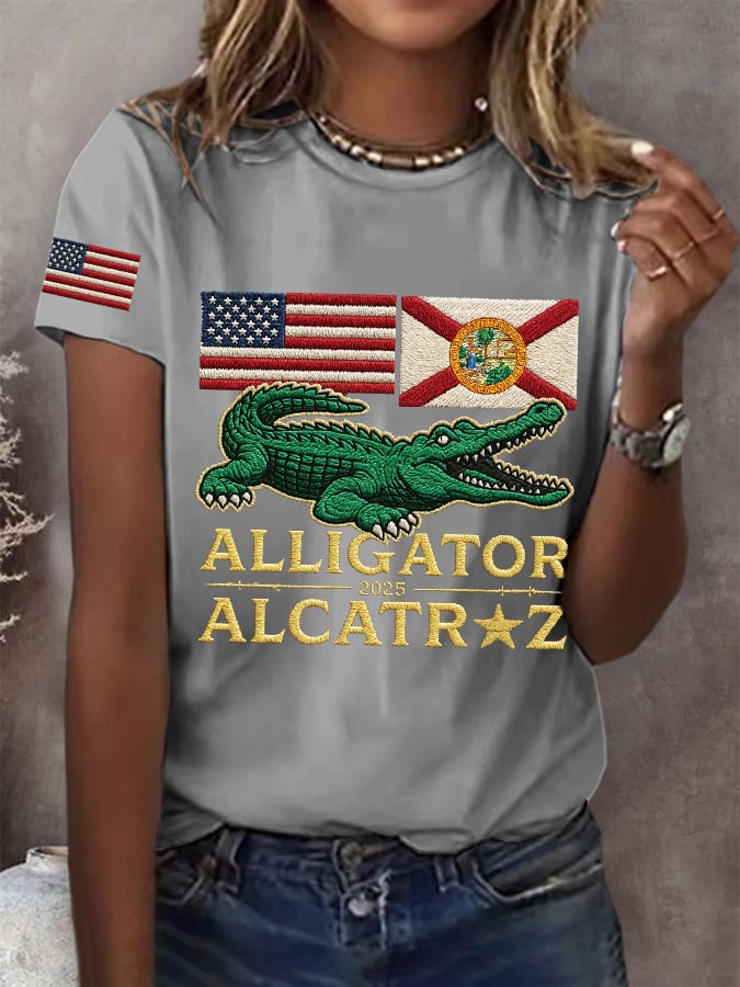 Women's Retro Alligator Alcatraz Funny Florida Everglades Dark Humor Print T-Shirt