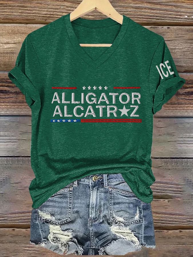 Women's Casual Retro Alligator Alcatraz ICE Print T-Shirt