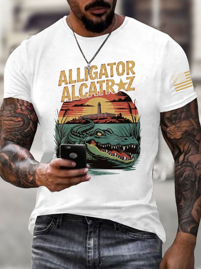 Men's Alligator Alcatraz Print Casual T-Shirt
