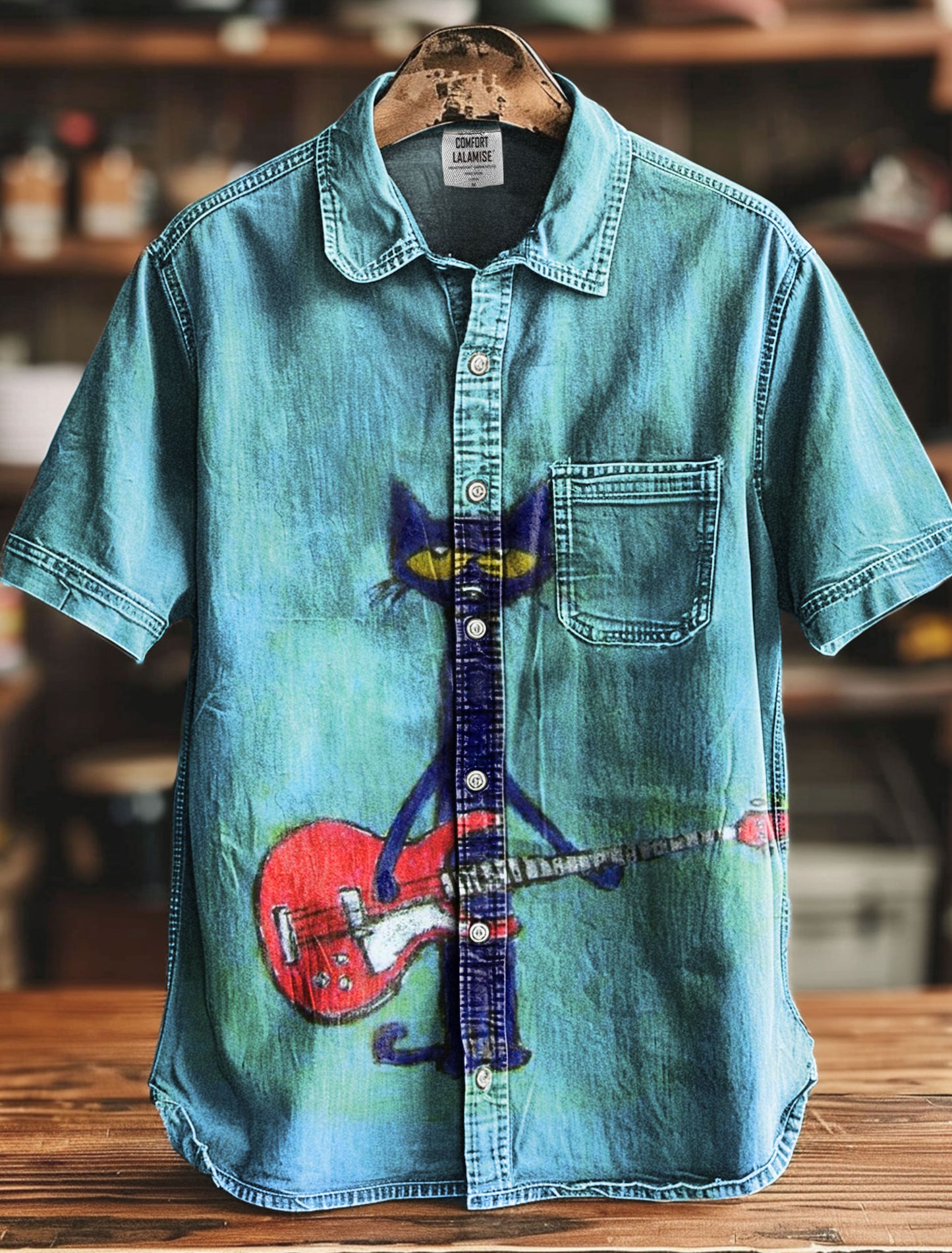 Retro Guitar Cat Art Print Casual Short Sleeve T-shirt