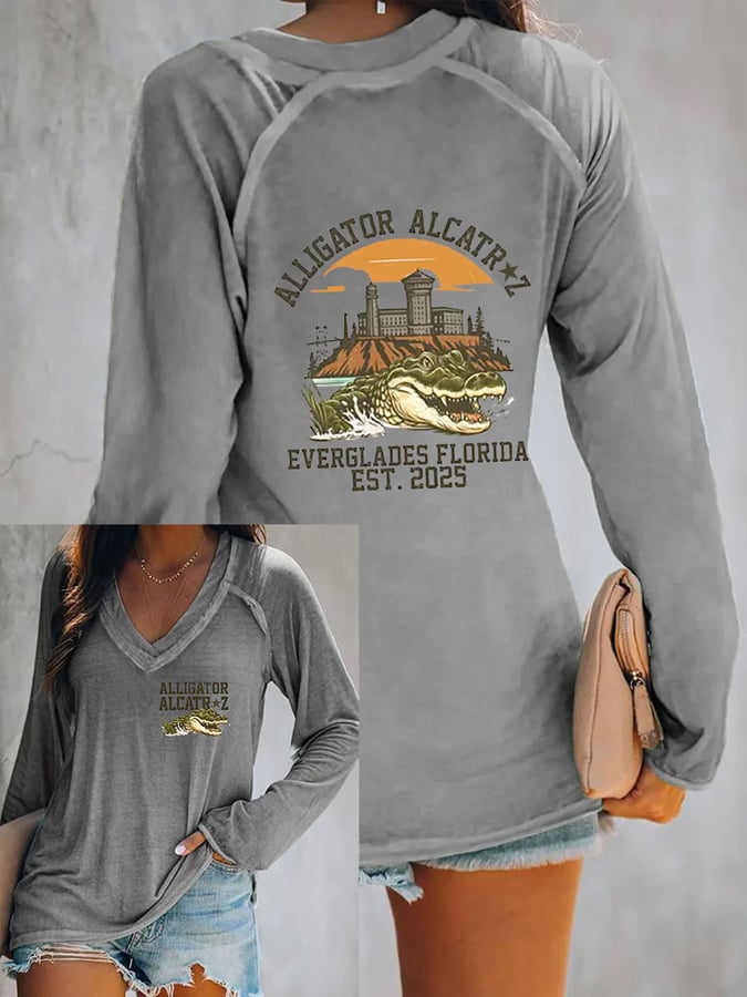 Women's Alligator Alcatraz Print V-Neck T-Shirt