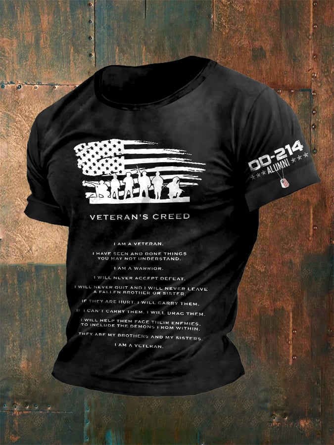 Men's Retro DD-214 Alumni Veteran's Creed I Am A Veteran. I Have Seen And Done Things You May Not Understand. I Am A Warrior. Print T-Shirt