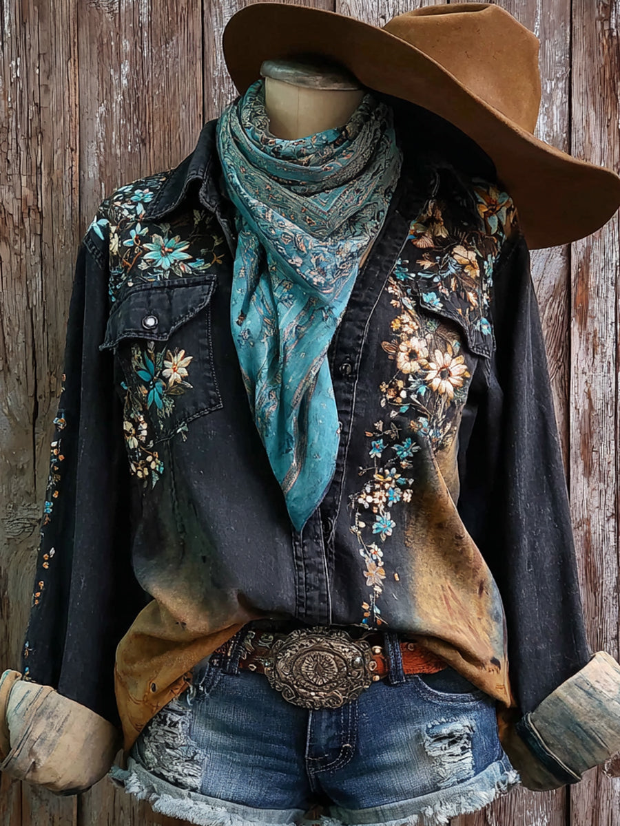 Vintage Western Art Floral Print Casual Shirt