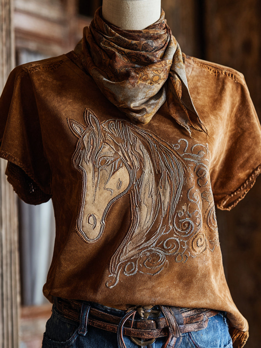 Retro Western Art Illustration Horse Print Casual Short Sleeve T-Shirt